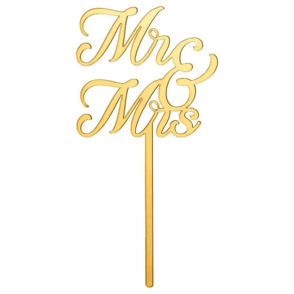 Mr & Mrs -kakkukoriste kultaisesta akryylista