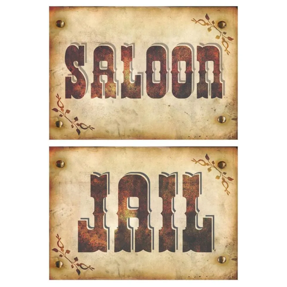 Pahviset Saloon- ja Jail-kyltit