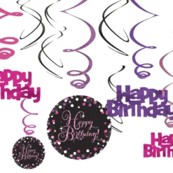 Swirls Happy Birthday Musta/Vaaleanpunainen Kimalle