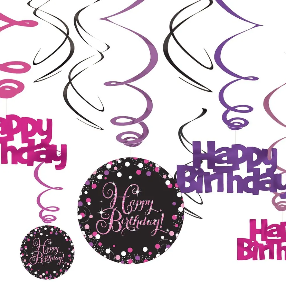 Swirls Happy Birthday Musta/Vaaleanpunainen Kimalle