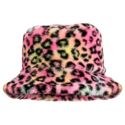 Vaaleanpunainen leopardikuvioinen tekoturkis-bucket hat