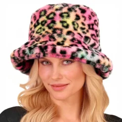 Vaaleanpunainen leopardikuvioinen tekoturkis-bucket hat