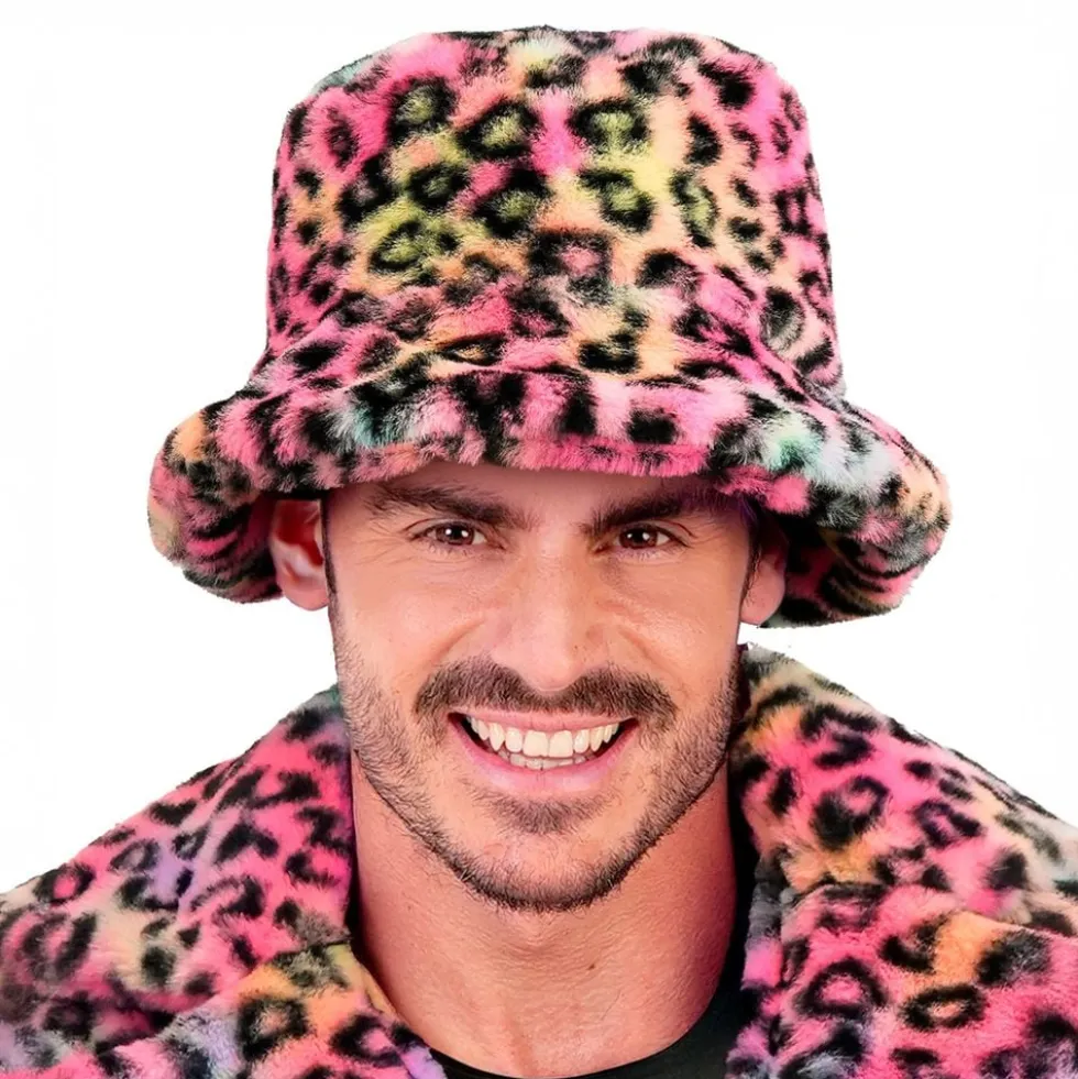 Vaaleanpunainen leopardikuvioinen tekoturkis-bucket hat
