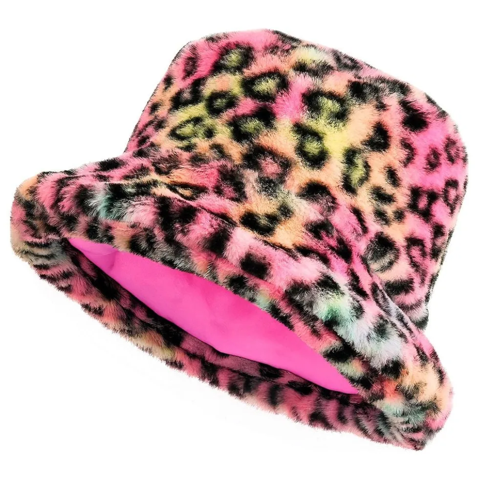 Vaaleanpunainen leopardikuvioinen tekoturkis-bucket hat